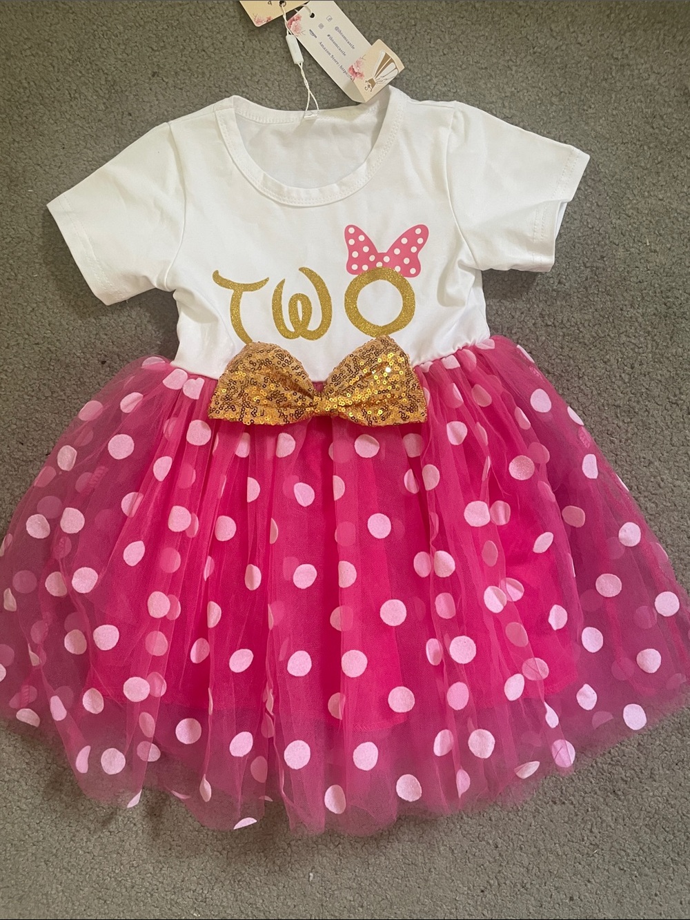 NWT! Girls White & Hot Pink Polka Dot Tulle Costume Dress with Gold Bow